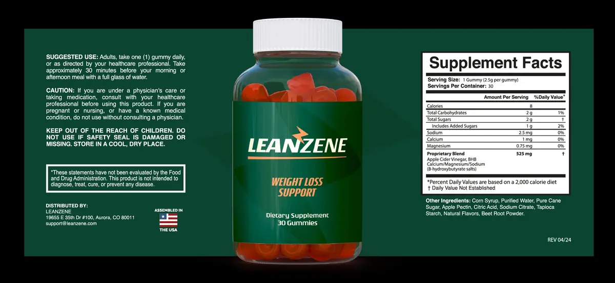 Leanzene supplement facts label ACV BHB proprietary blend 525mg serving